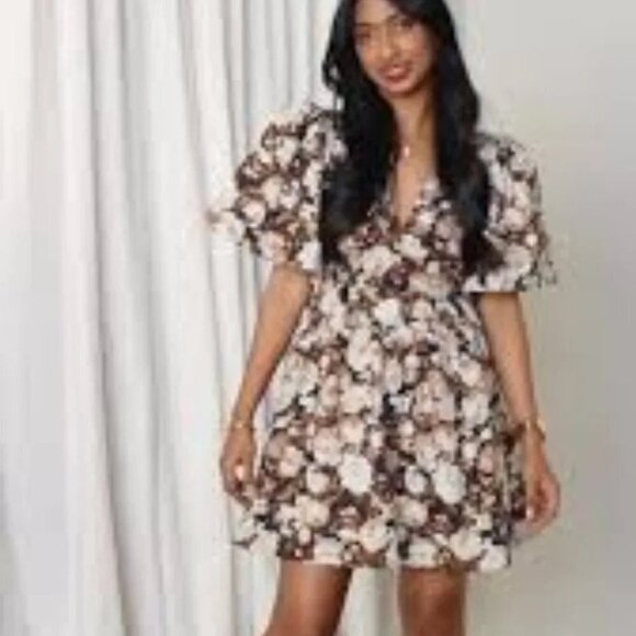 Abercrombie & Fitch Angel  Sleeve Smocked Waist Mini Dress Brown Floral Sz Small - Picture 10 of 10